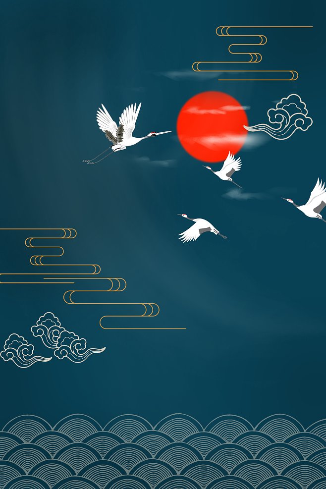 日式和风仙鹤背景古典花纹云腾日本海报psd分层设计素材 可下载