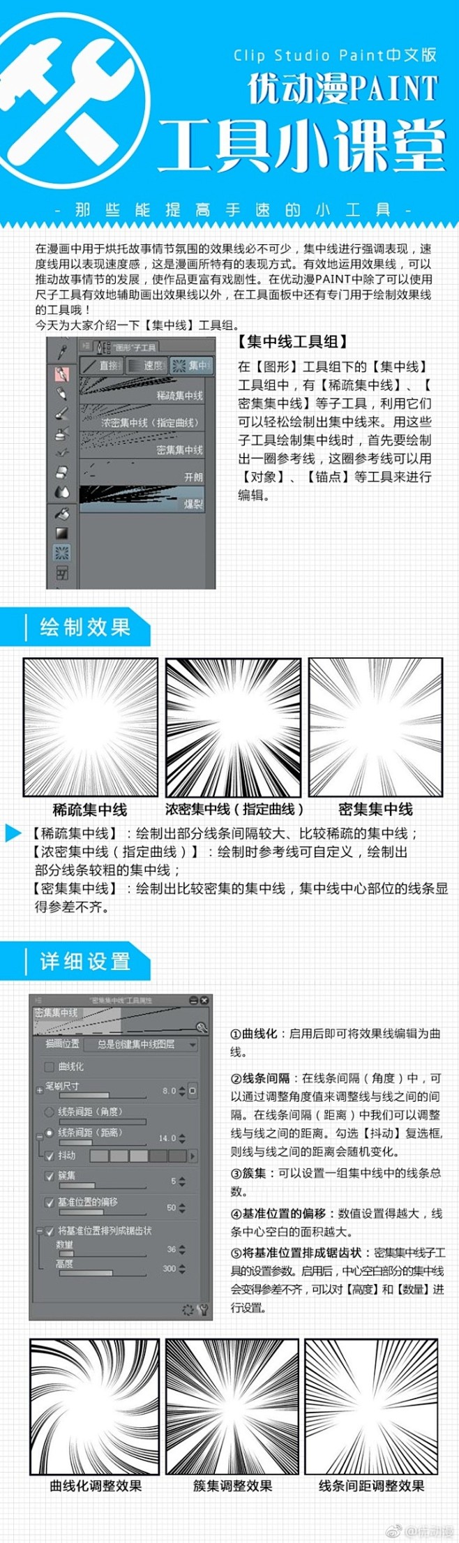 优动漫paint教程 Csp教程 在漫画中用于烘托故事情节氛围的效果线必不可少 集中线进行强调表现 速度线 用以表现速度感 这是漫画所特有的表现方式 在优动漫paint Csp 中除了可以使用尺子工具有效地辅助画出效果线以外 在工具面板中还有专门用于绘制效果线的工具哦