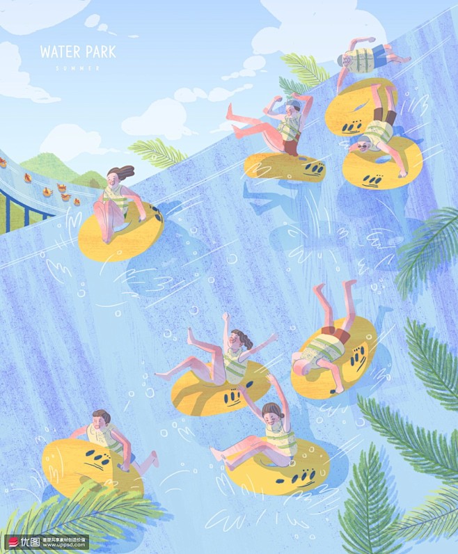 冲浪划水漂流气垫彩色手绘夏季休闲插画季节插画夏季插画