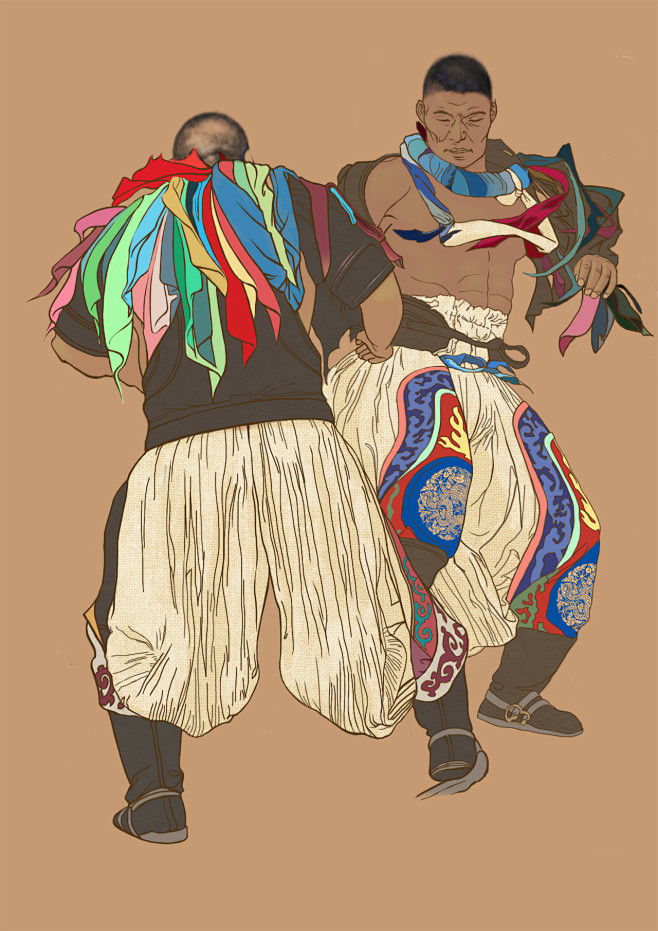 蒙古摔跤那达慕国画线条