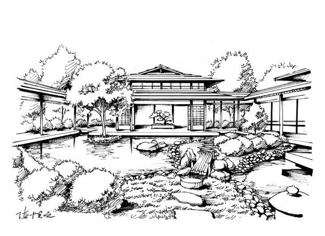 园林景观手绘日式庭院