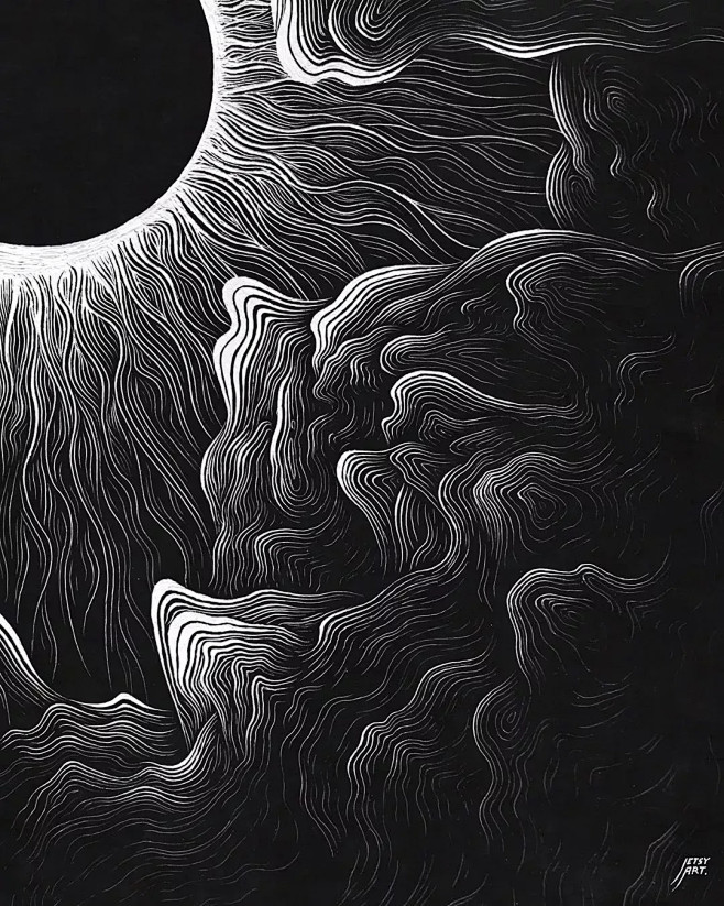 澳大利亚插画师justinestcourt富有设计感的黑白画风作品在黑暗中描绘