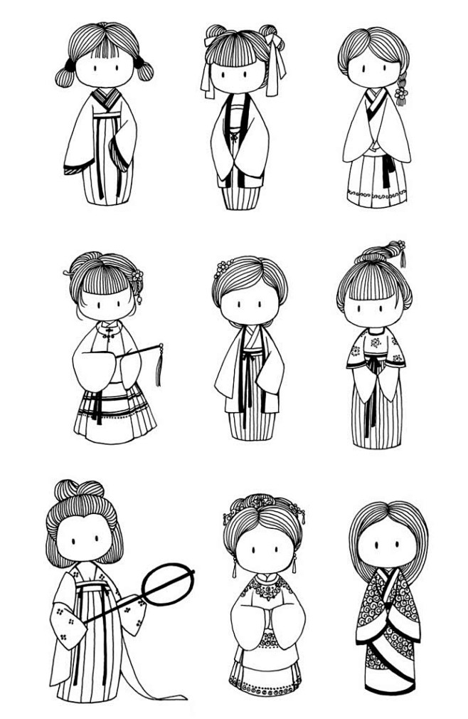 线描勾的汉服萌萌哒小人转至微博