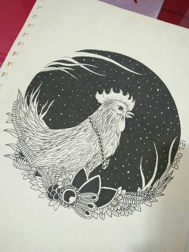 黑白生肖画鸡