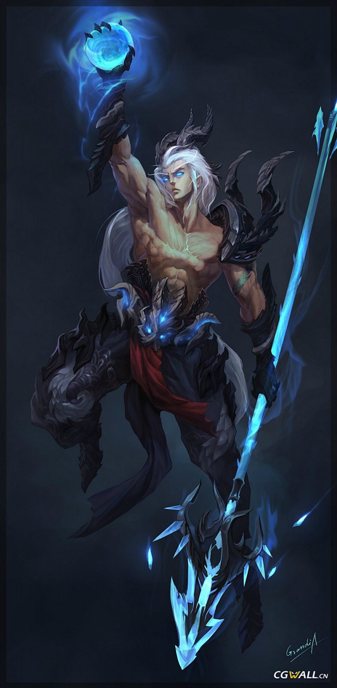 龙人长矛龙珠龙族能量球蓝色水晶球白色的长发黑色长裤肌肉男游戏原画