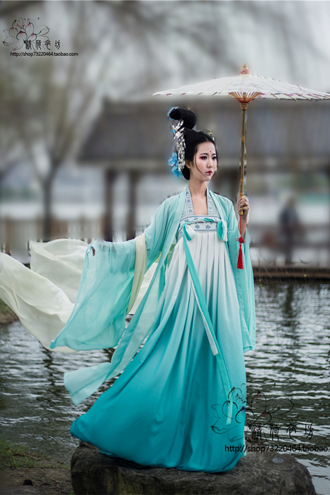 临江仙汉服女装齐胸高腰襦裙大袖衫唐制渐变青色春夏新清荷衣坊淘宝网