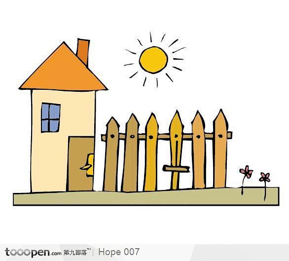 卡通房子栅栏插画