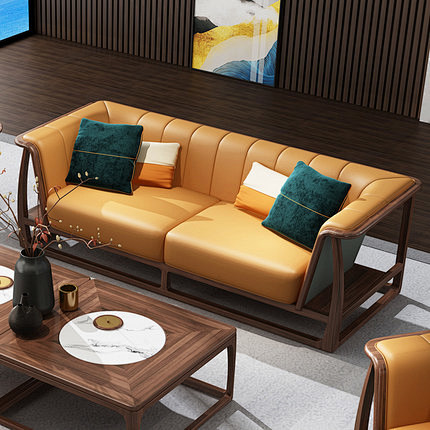 新中式轻奢实木真皮沙发头层牛皮中式客厅组合整装家具皮艺沙发
