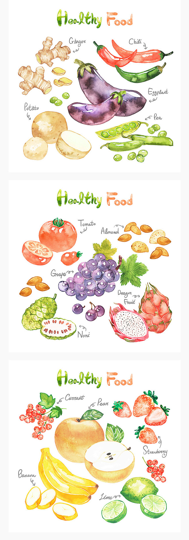 水彩风格新鲜水果蔬菜食材苹果香蕉辣椒茄子萝卜插画psd分层素材淘宝
