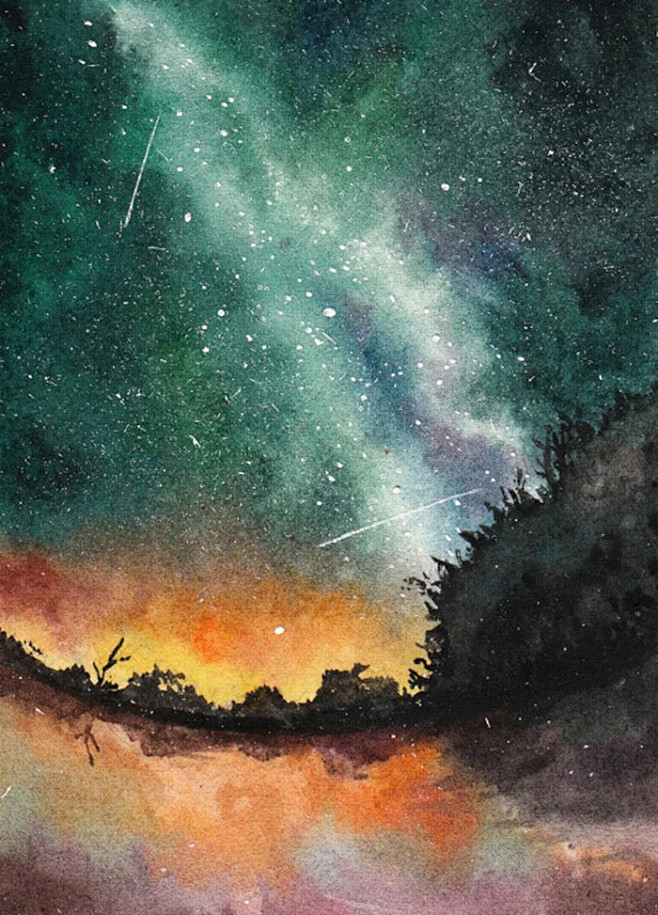 极光水彩壁纸背景星空夜空美