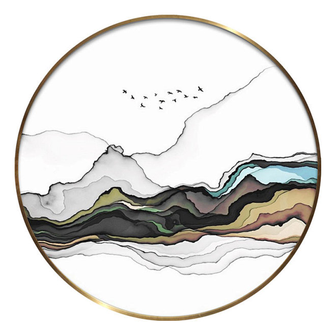 纯手绘新中式水墨画现代简约客厅装饰画玄关挂画金属圆框餐厅壁画淘宝