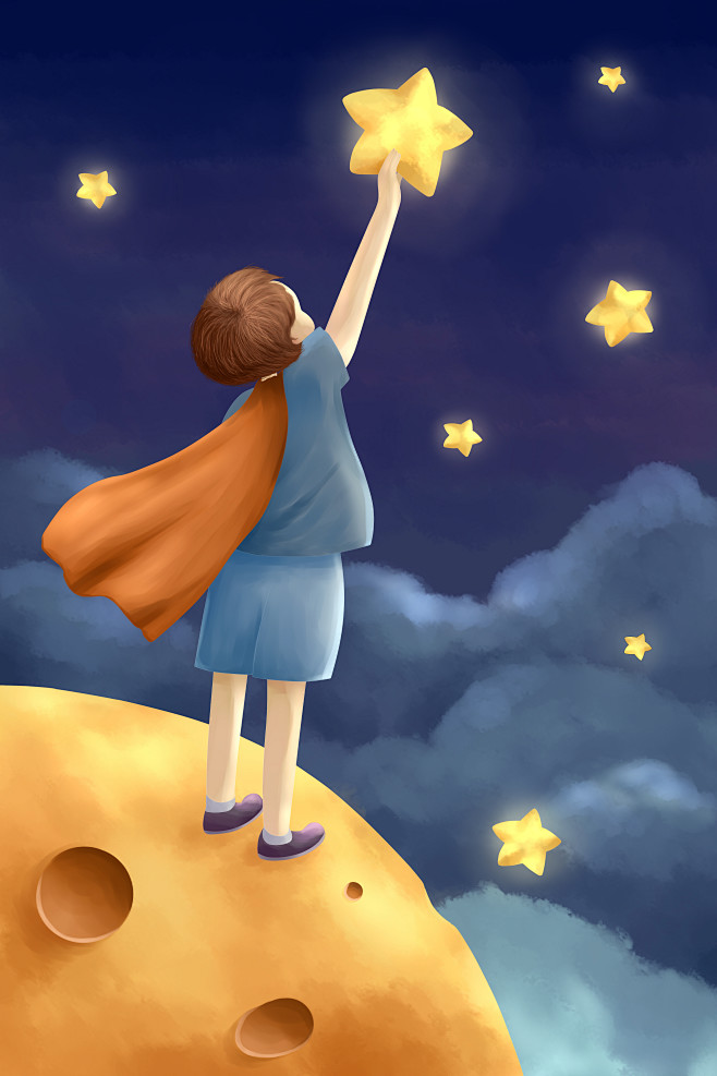 披着超人披风的小男孩站在星球上摘星星儿童节插画