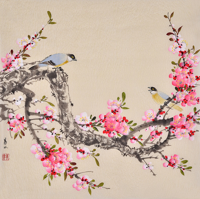易水四尺斗方花鸟画桃花双侣春花灿烂
