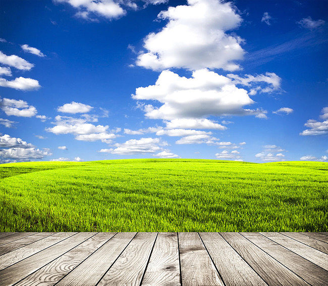 蓝天白云草原风景与木板背景图片