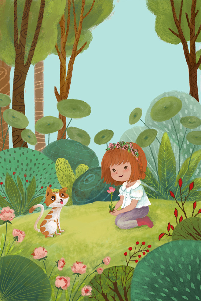 森女系童话小动物小女孩小猫故事场景绘画插画手绘分层psd素材