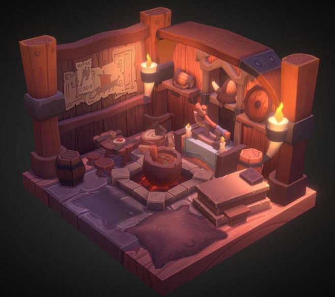 手绘q版卡通风格建筑室内场景模型贴图 3d素材 手游max源文件 原画3d