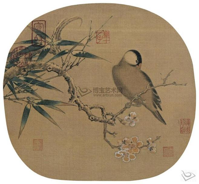 梅竹寒禽图镜心设色绢本