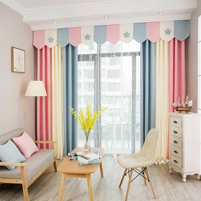 简约北欧小清新纯色粉蓝拼接星星遮光窗帘儿童房飘窗客厅成品定制淘宝