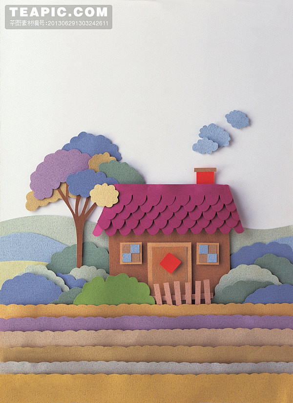 树木冒烟的房屋粘贴画