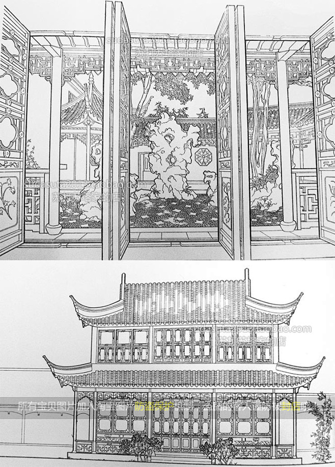 116张中国古建筑建构线稿图片黑白中国风古建筑亭台楼阁cg场景淘宝网