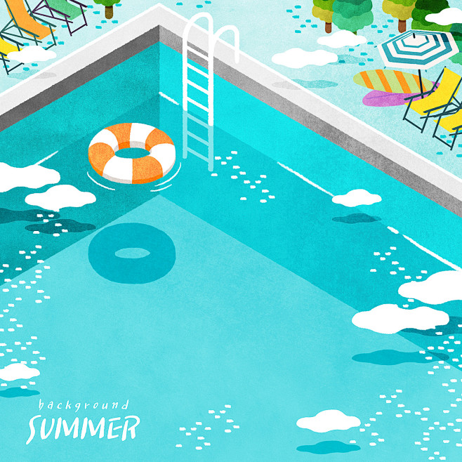 泳池休闲淡彩手绘清凉夏日夏季插图插画设计psdtid079t001120