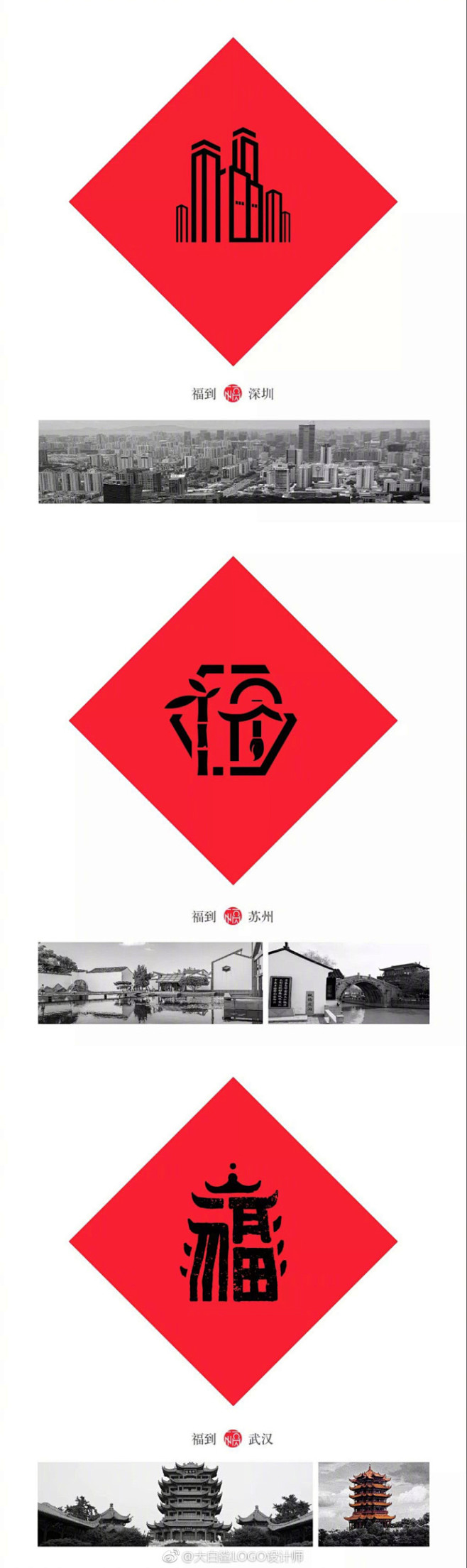 #logo设计# 城市百福字体设计,将各地特色文化融入"福"字当中,为不同