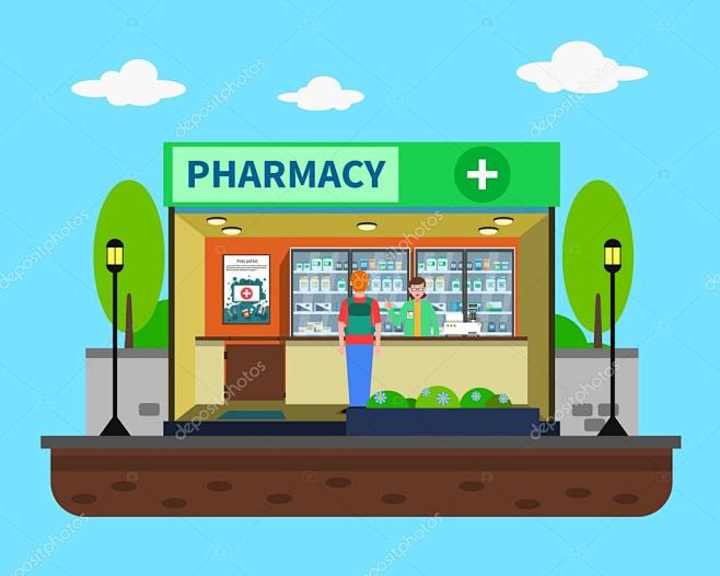 建筑室内平面矢量插画的医疗药店药房概念