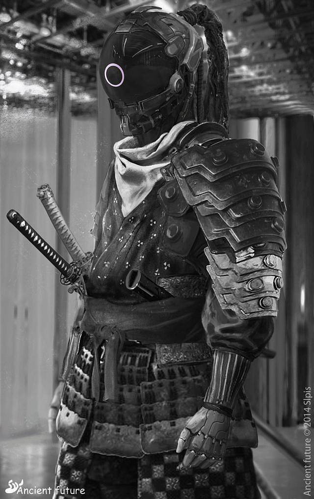 国人画师的未来日本武士：古典着装，科技头...