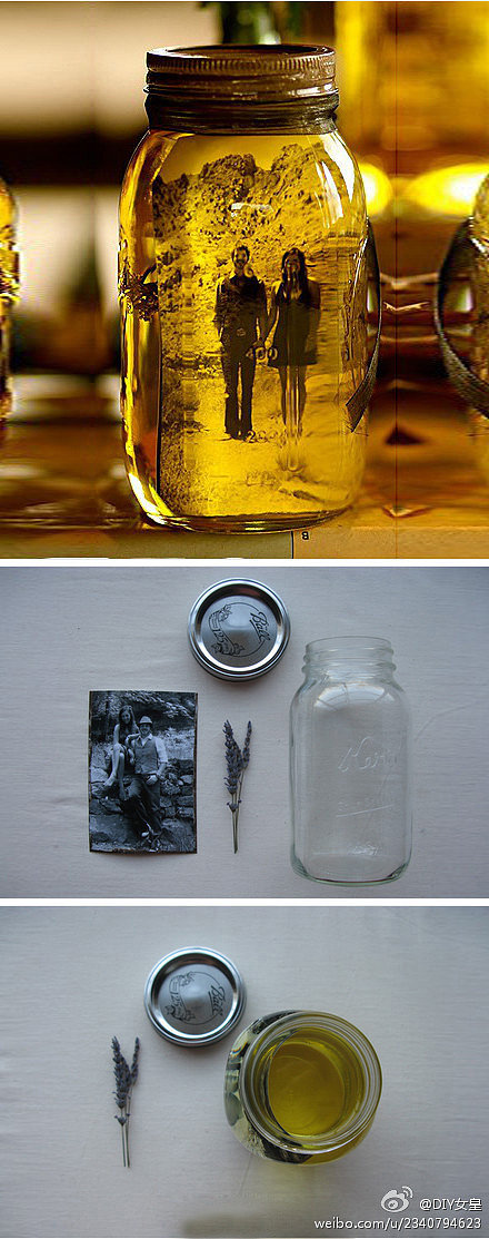 在装满橄榄油的玻璃罐内放入一张自己喜欢的...