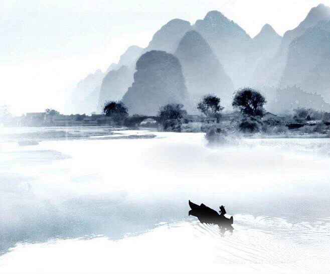 古风水墨场景山河泛舟