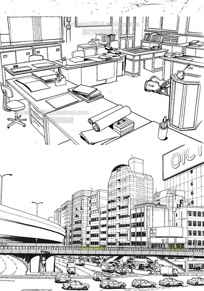 105张现代建筑场景线稿图片黑白cg漫画背景城市街道背景学校大厦 淘宝网