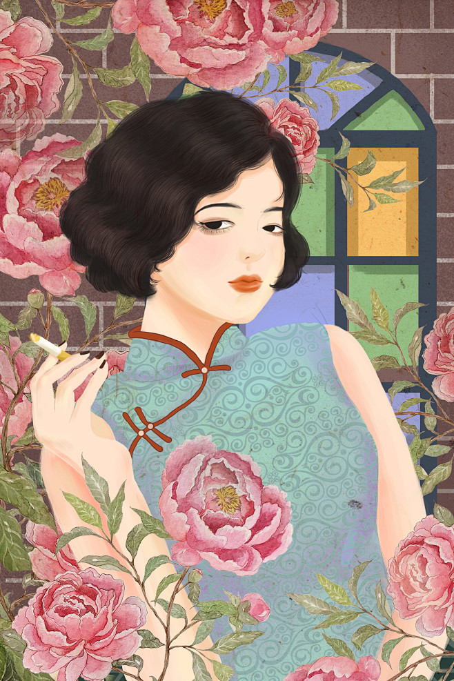 国名旗袍女人手绘插画可下载