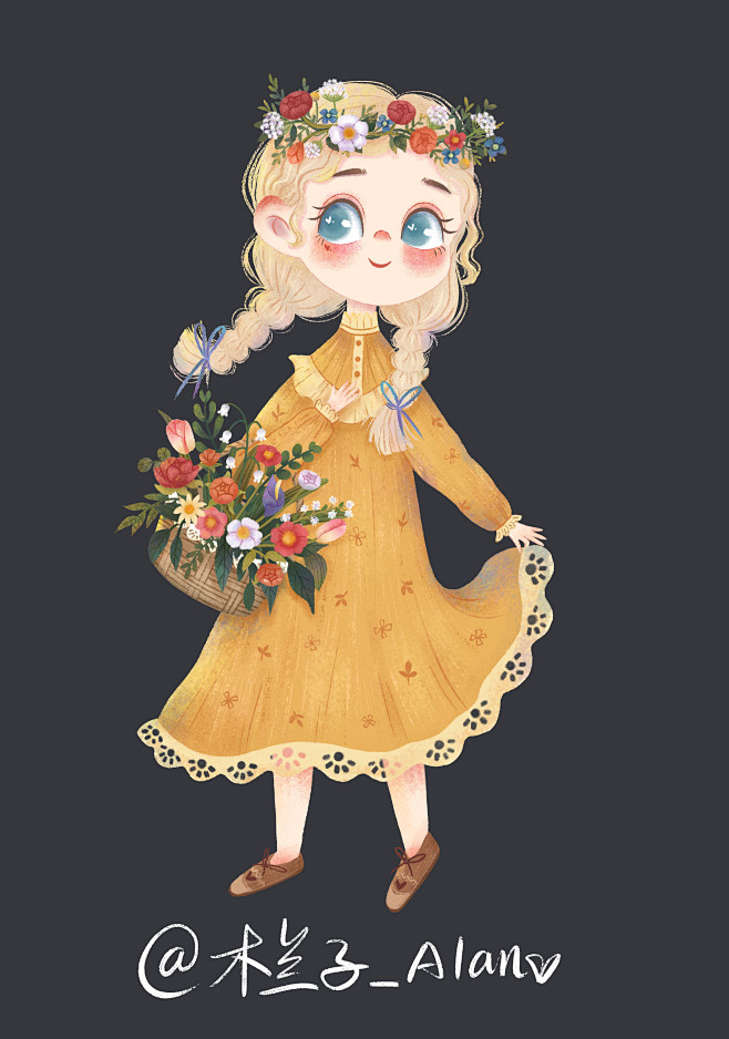儿童插画拿着花篮的小女孩花花