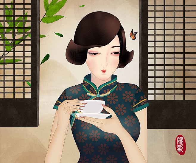 手绘美女手绘插画古装美女旗袍女孩中国风国风国韵国风国韵旗袍美人