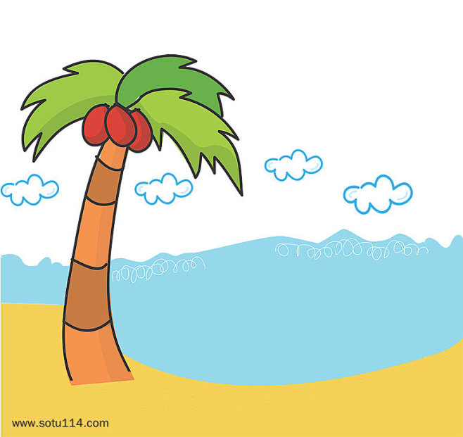 手绘卡通沙滩椰子树图案