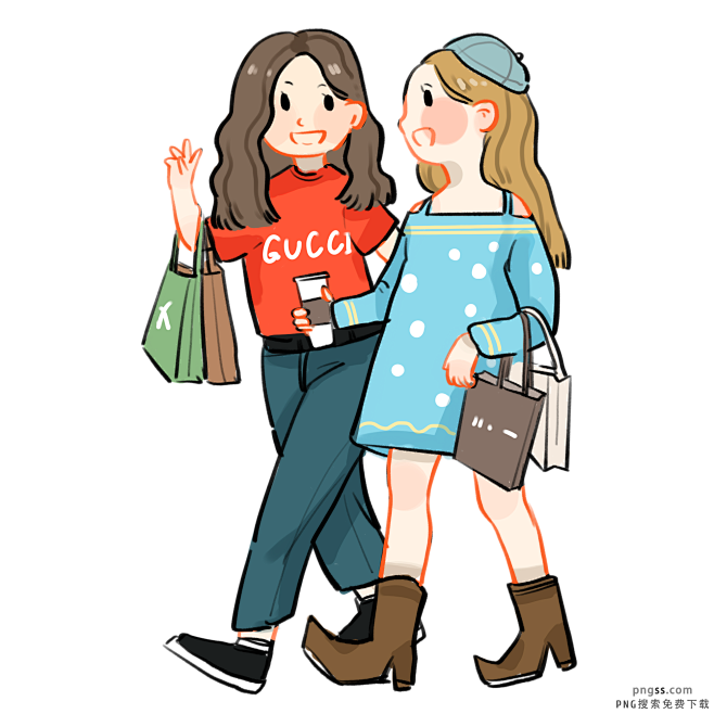 手绘闺蜜逛街购物png搜索长发美女疯狂买买买购物袋闺蜜卡通手绘时尚