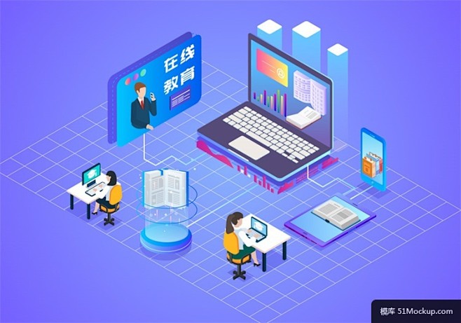 互联科技在线教育共享资源25d等距插图banner模板矢量素材