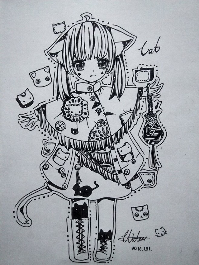 手绘线稿猫少女