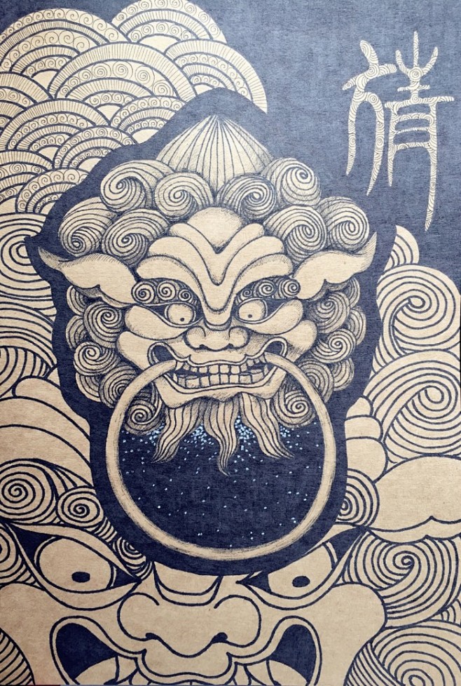 线描门环铺首衔环