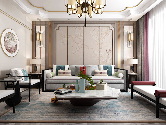 新中式客厅沙发背景墙模型室内设计拓者设计吧
