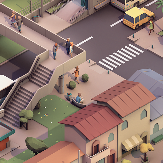 城市lowpoly低面低多边形lowpoly卡通图片