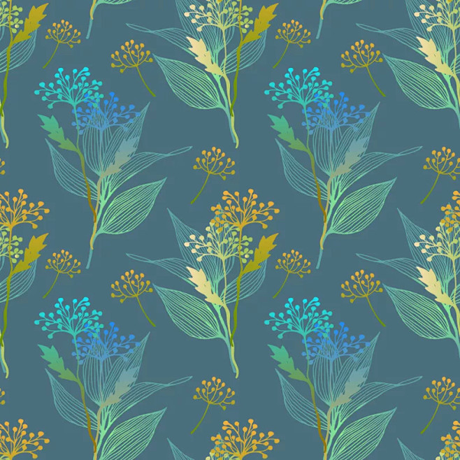 四方连续纹样叶子植物群华丽的纺织品复古风格古典式春天背景夏天