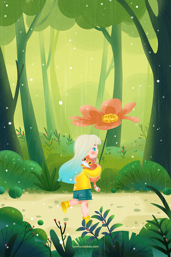 森女系童话小动物小女孩小猫树林故事场景绘画插画手绘分层psd素材