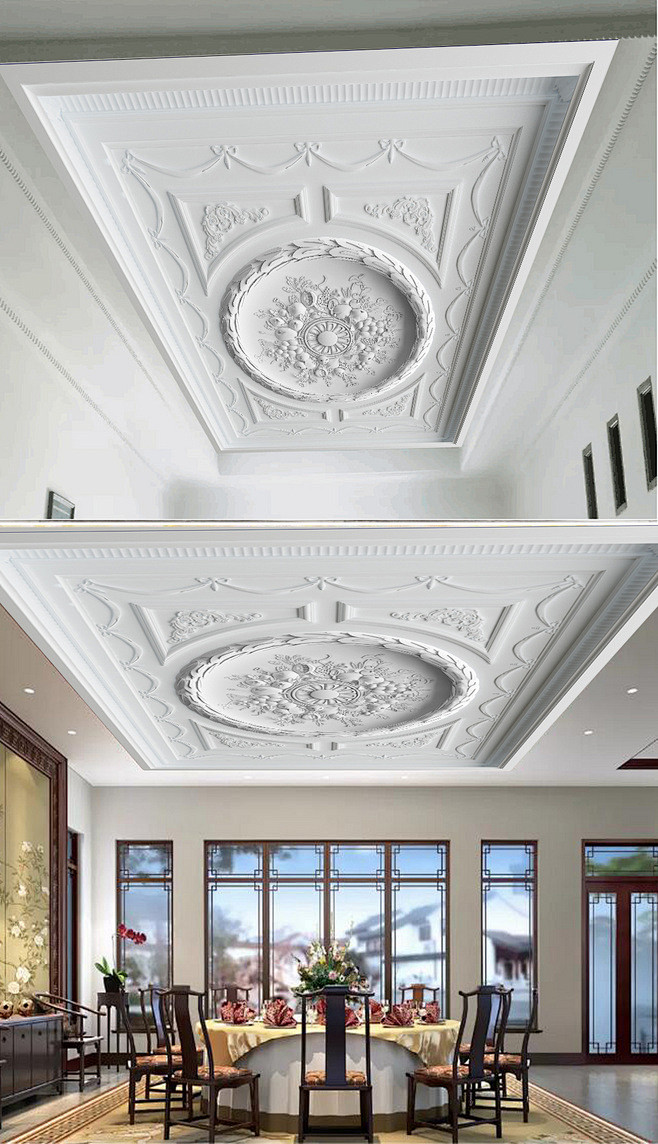 白色石膏线3d立体石膏雕花吊顶背景墙