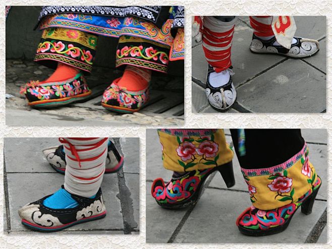 鞋帮上绣有彩色云纹和杜鹃花纹纹样图案,故有"云鞋","花鞋"或"勾尖