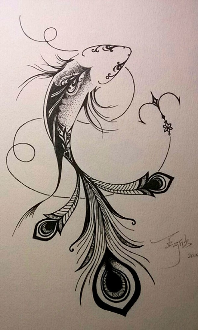 线描黑白装饰画插画凤尾鱼