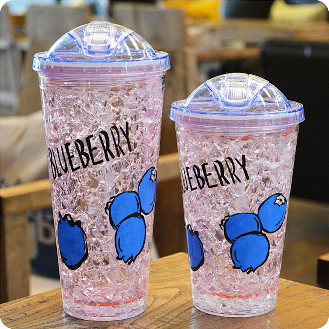 新款时尚水果创意夏日冰杯学生双层吸管塑料制冷碎冰杯子定制