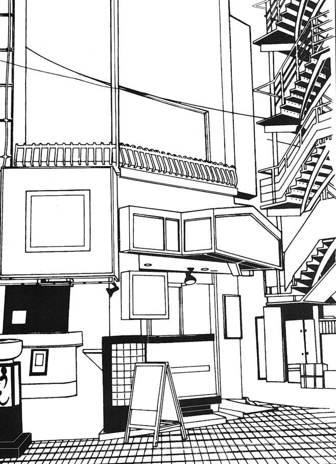 现代建筑场景线稿图片黑白cg二次元漫画背景参考城市街道背景线条