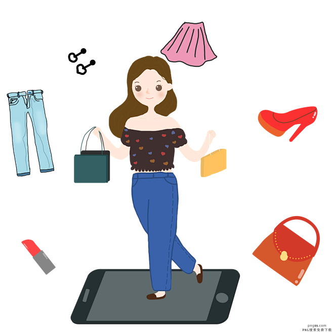 双十一购物网购的快乐少女 PNG搜索 壁纸,插画