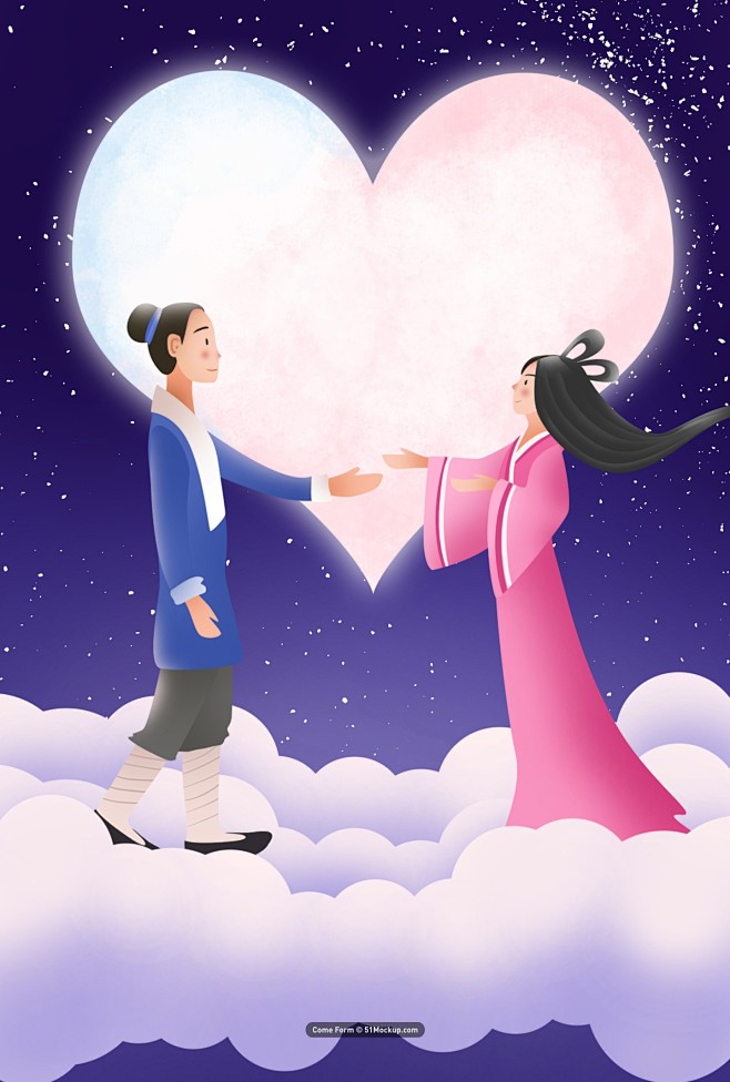 手牵手浪漫牛郎织女相会唯美手绘插图psd模板平面设计海报